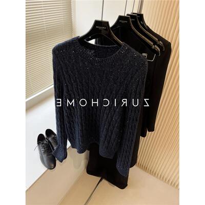 怒推！外贸单品质，星星闪小亮片神秘湛蓝亮片绞花丝羊绒套头毛衣