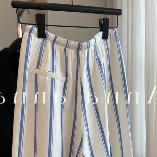 牛X货 巨炸裂！蓝白条纹亚麻阔腿裤女夏季慵懒垂感棉麻拖地长裤子