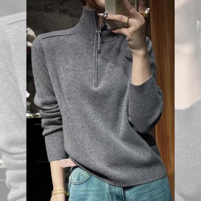 休闲知性百搭灰色半开领针织毛衣女2025冬季新款显瘦舒适大码上衣