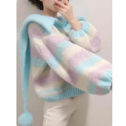 绝美巨好看早秋上衣女2025新款爆款韩系氛围感慵懒风蓝色条纹毛衣