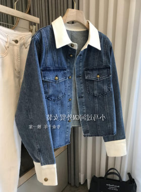 品牌折扣店商场专柜女装尾货清仓拼色白领小众宽松短款牛仔外套