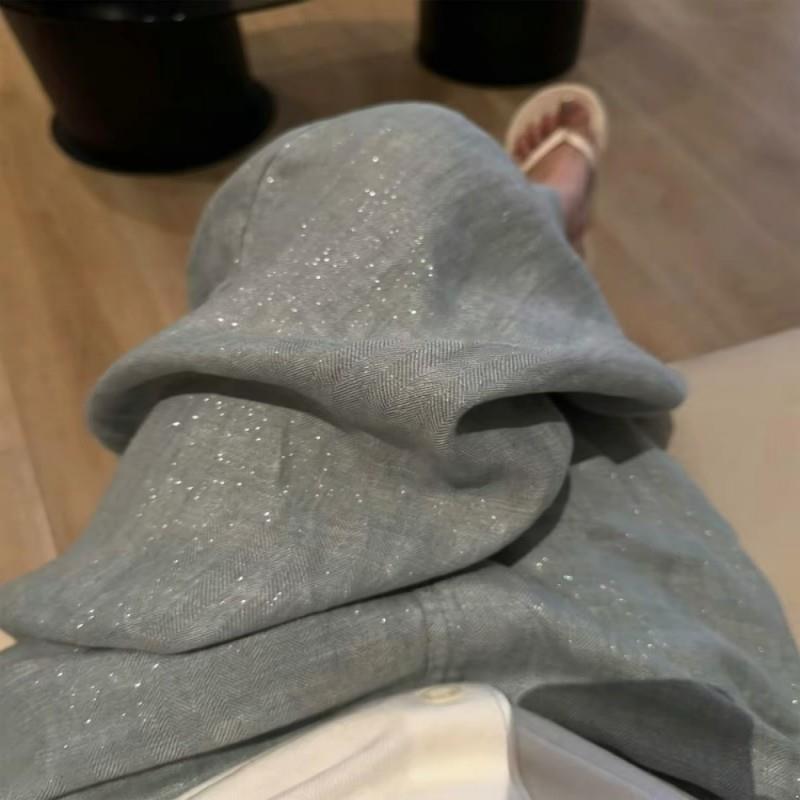 牛X货 巨炸裂!海盐蓝细闪阔腿裤女夏季高腰遮胯显瘦休闲裤子