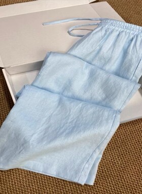 被惊艳到了！浅蓝色天丝亚麻阔腿裤女夏季松紧腰抽绳直筒休闲裤子