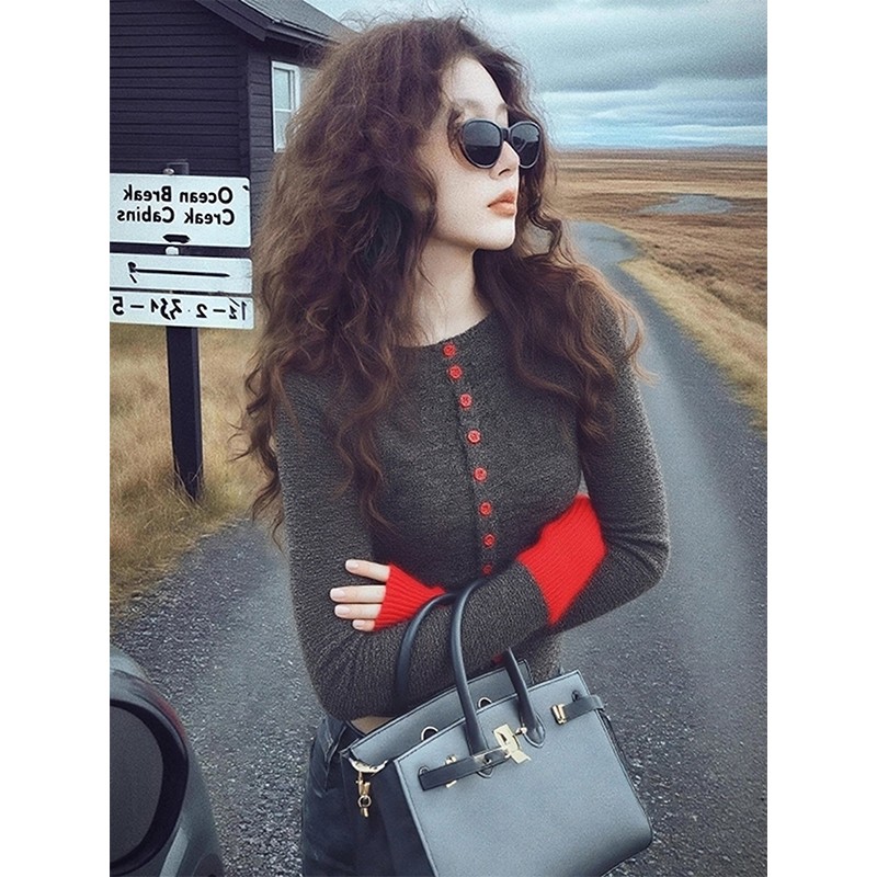 秋冬巨好看撞色拼接毛衣针织打底开衫女内搭小众独特显瘦长袖上衣