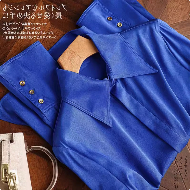 大品牌折扣外贸原单女装撤专柜蓝色真丝气质翻领长袖衬衣衫春秋季