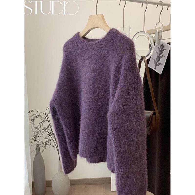 被惊艳到了！紫色羊毛拉绒圆领毛衣女冬季新款软糯宽松套头针织衫