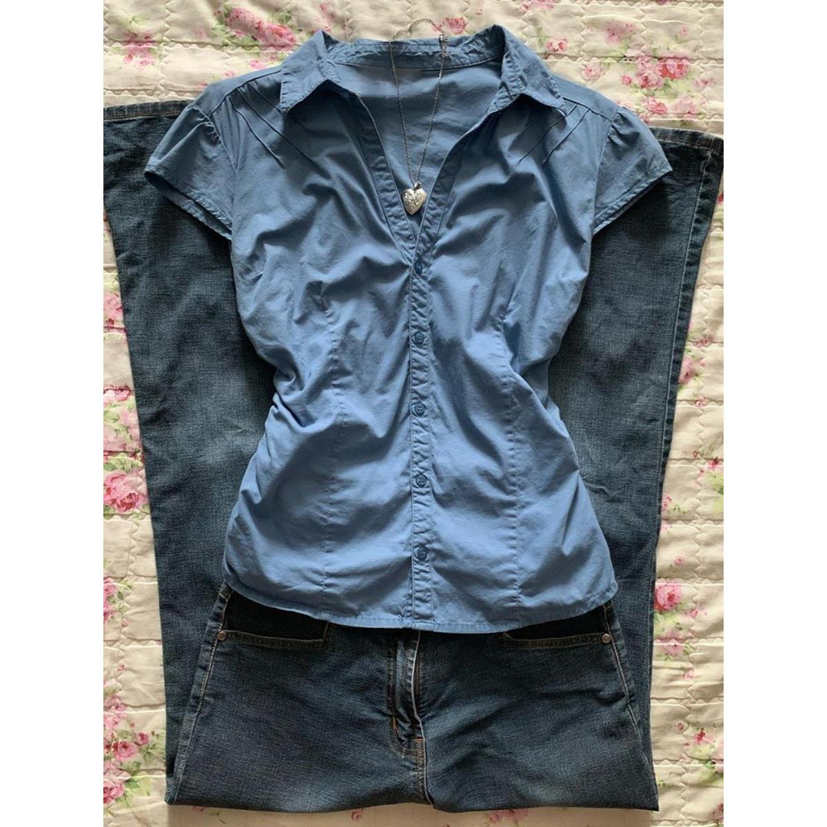 怒推！外贸单品质，蓝色V领衬衫女夏季褶皱小众今年流行爆款上衣
