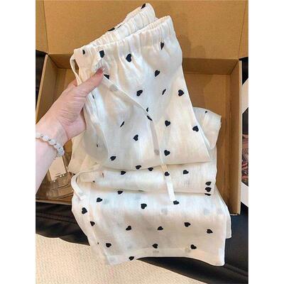 CHAO级推荐！白色爱心波点亚麻休闲裤女夏季薄款宽松直筒阔腿裤子