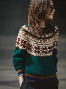 秋冬小众不撞款针织衫慵懒感独特别致复古绿色费尔岛提花圆领毛衣