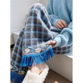 女花朵刺绣流苏针织阔腿裤 CHAO级推荐 纹直筒休闲裤 国风格 新中式