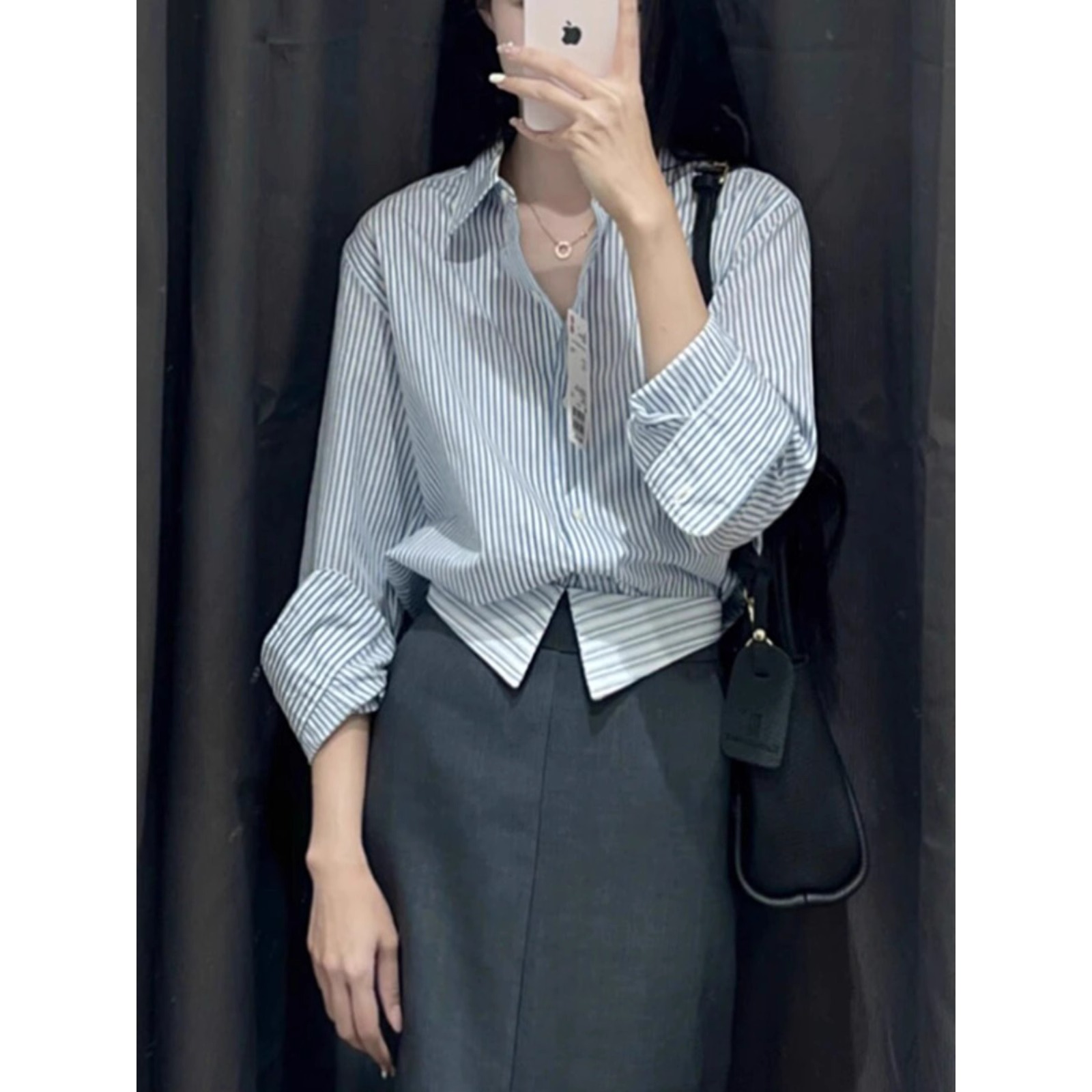 CHao级推荐！蓝色条纹衬衫女2024春新款衬衣教师面试港风休闲上衣