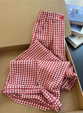 满满法式复古风情~港风红色格子直筒休闲裤女夏季慵懒高腰阔腿裤