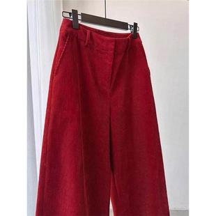 直筒条绒阔腿裤红色灯芯绒裤子女2025新款秋冬季美式复古高腰垂感