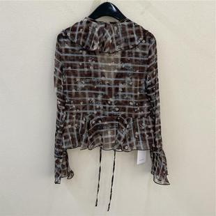 格子衫 怒推 洋气轻薄雪纺上衣荷叶花边长袖 新款 女 欧洲站2025秋季