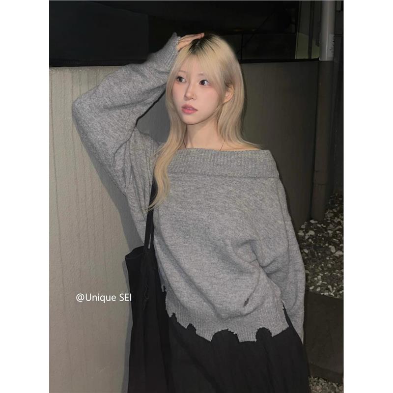 CHAO级推荐！博主同款韩系冬季氛围感做旧宽松百搭露肩针织毛衣女