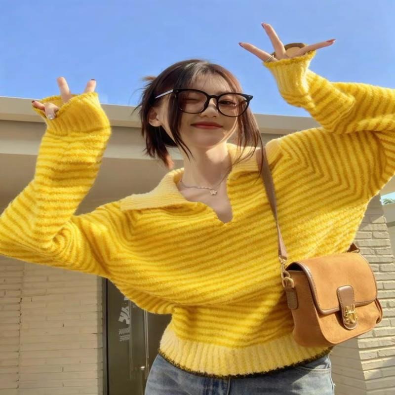 牛X货 巨炸裂！黄色翻领条纹毛衣女冬季慵懒宽松软糯加厚针织上衣