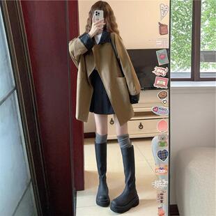 小个子大衣 韩系风衣外套女巴恩风撞色翻领中长款 牛X货 巨炸裂