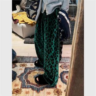 设计感 冬加厚直筒阔腿裤 欧货高端宝石绿色豹纹丝绒裤 子女2025新款