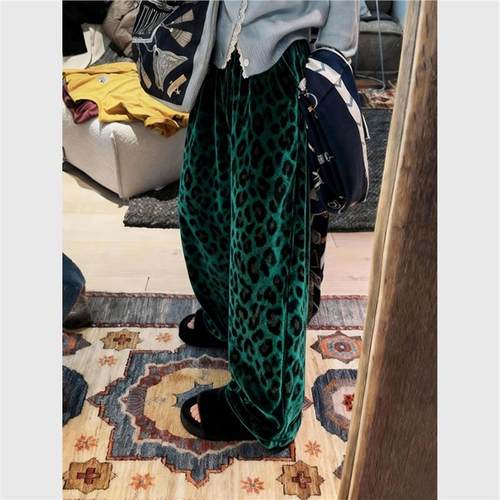 欧货高端宝石绿色豹纹丝绒裤子女2025新款冬加厚直筒阔腿裤设计感