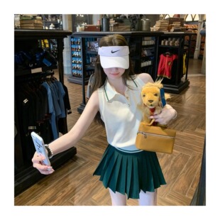 2026夏季 背心T恤女青春时尚 修身 甜辣小上衣 简约白色Polo领无袖