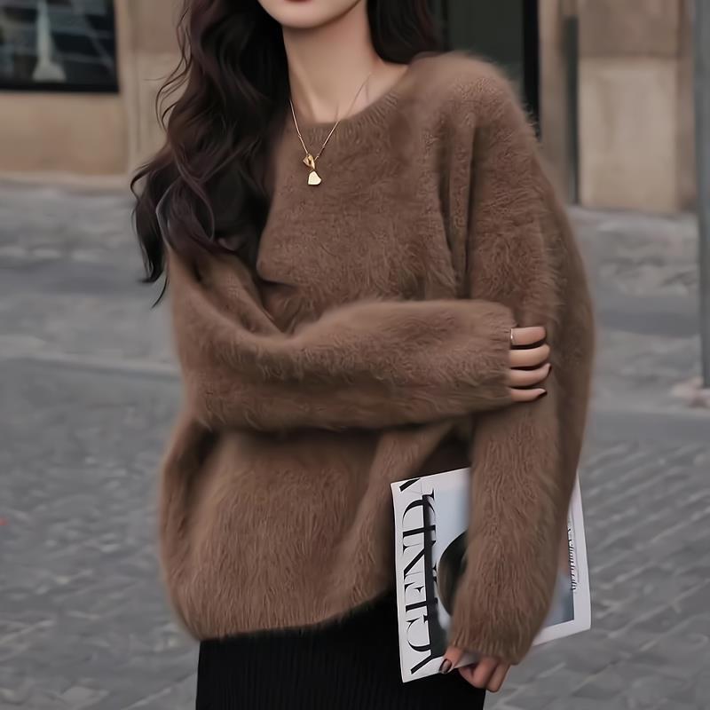 高级感穿搭水貂绒咖色毛衣女秋冬季美拉德软糯保暖马海毛百搭上衣