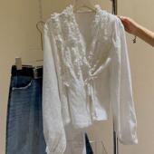 巨炸裂 法式 轻熟风洋气独特别致白色棉麻衬衫 牛X货 上衣女秋季