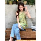 国风改良绿色棉麻亚麻挂脖亮片吊带衬衫 新中式 女夏 巨炸裂 牛X货