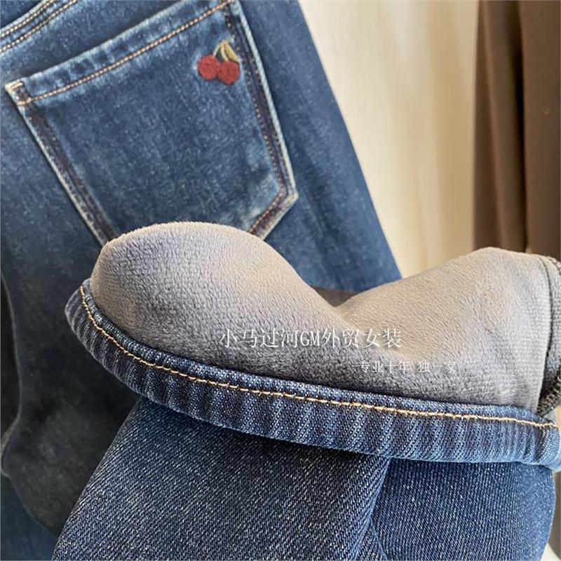 细节是外贸y单的底气！复古斜纹牛仔蓝~刺绣樱桃加绒直筒阔腿裤长