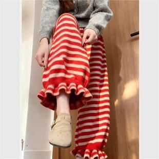 红色条纹针织阔腿裤 子木耳边休闲 宽松慵懒风女冬小个子软糯灯笼裤