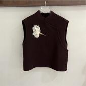 新品 时尚 立领新中式 欧洲站2025秋季 刺绣花朵无袖 绵羊毛马甲上衣潮