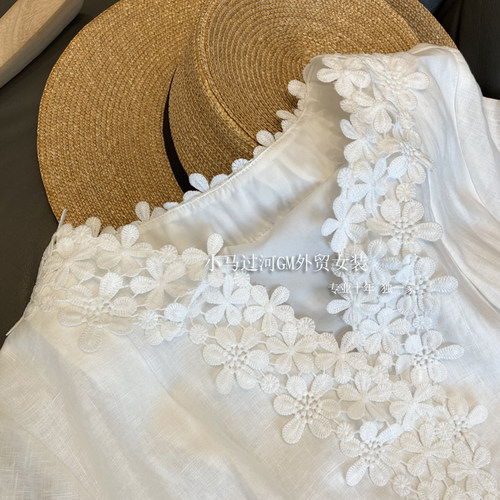 重磅推荐！！心中的白月光~高定亚麻重工花瓣刺绣V领中长连衣裙女