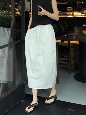 牛X货 巨炸裂！立体感白色显瘦抽绳松紧腰简约后开叉花苞半身裙女