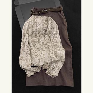 休闲清冷松弛感印花亚麻衬衫半身裙套装女2026秋季超火两件套穿搭