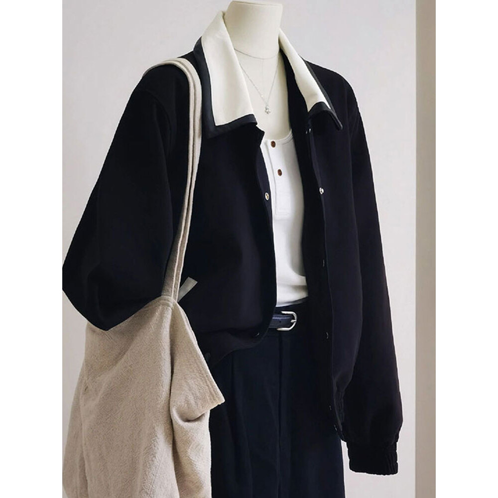 CHAO级推荐！韩系轻奢！今年超流行复古撞色高级感黑色百搭外套女