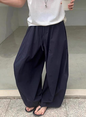 日系慵懒松驰感藏蓝色气球裤2026夏季女时髦感炸街梨形遮胯弯刀裤