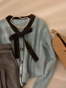 品牌专柜撤柜女装外贸原单清仓温柔软糯雾霾蓝针织开衫毛衣女秋冬