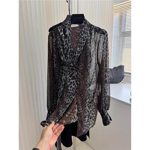 女性感纯欲风上衣 重磅真丝衬衫 2026早春新款 复古豹纹飘带v领长袖