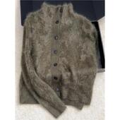 慵懒风软糯针织开衫 CHAO级推荐 咖绿色山羊绒拉绒毛衣外套女秋季