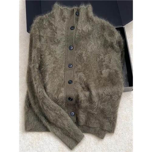 CHAO级推荐！咖绿色山羊绒拉绒毛衣外套女秋季慵懒风软糯针织开衫