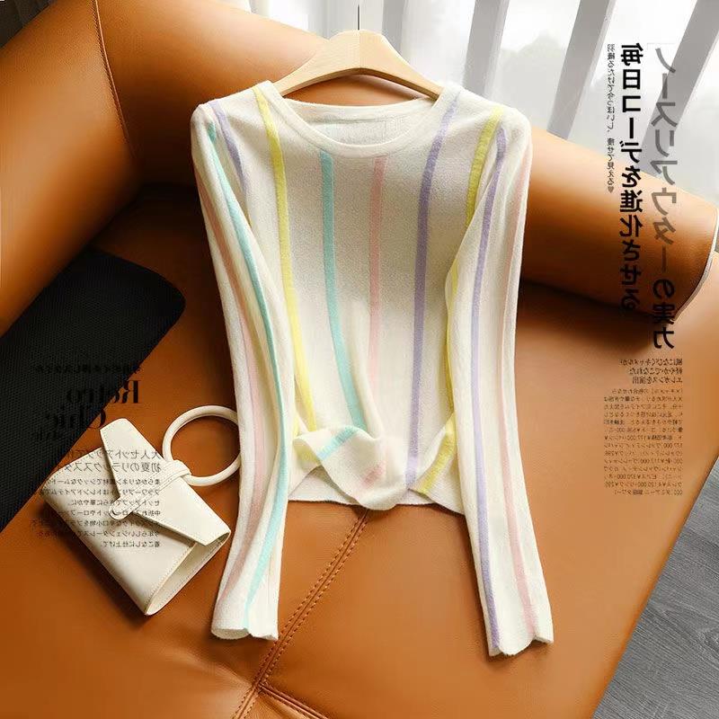 欧洲站春秋彩虹竖条纹打底衫女网红修身2023新款韩版长袖防晒上衣