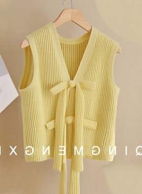 专柜撤柜2024秋季韩系小众设计感独特黄色针织马甲气质无袖上衣女