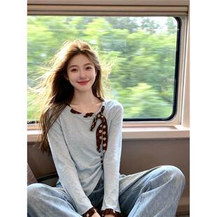 牛X货 巨炸裂!浅蓝色波点飘带长袖T恤女春秋收腰显瘦打底衫上衣