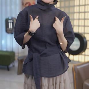 女夏天打底别致小衫 衬衫 复古气质上衣 不规则设计收腰绑带中袖 法式