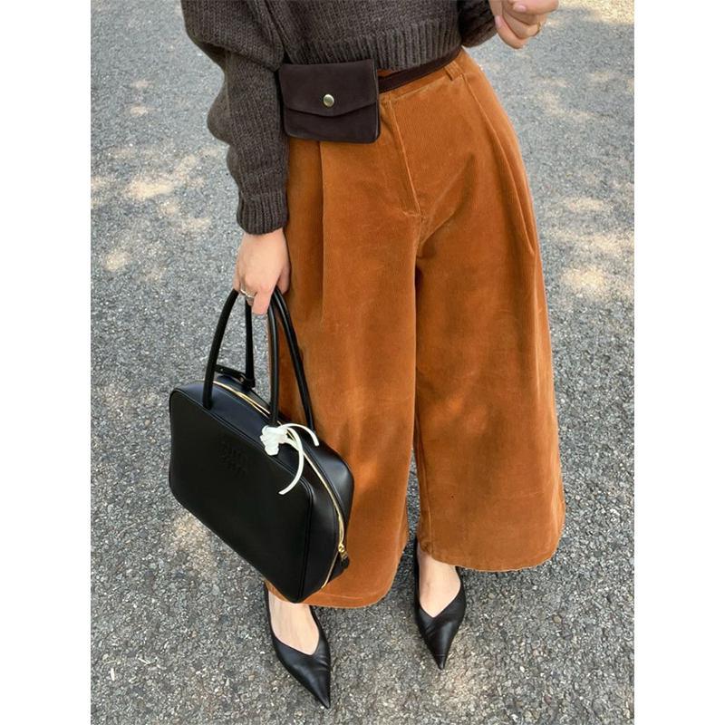 【现货】复古气质橘色灯芯绒阔腿裤女2025年冬新款高腰显瘦休闲裤