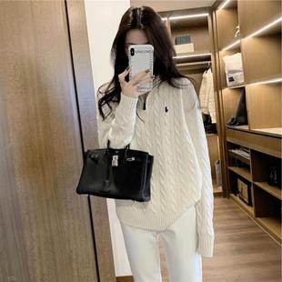 白色半拉链中长款针织衫绞花纹毛衣慵懒高级感秋冬女2025新款上衣