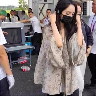 电影节同款灰色新中式竹子图案印花宽松斜系带大袖口汉服外套