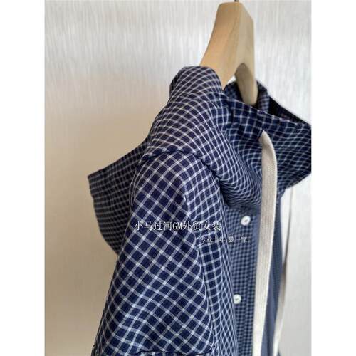 出口R单！！！质量一绝，日系宽松显瘦藏青格纹连帽衬衫外套女秋