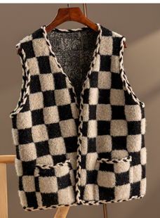 品牌折扣专柜外贸女装 清仓圈圈纱复古棋盘格含羊驼毛衣马甲外套女