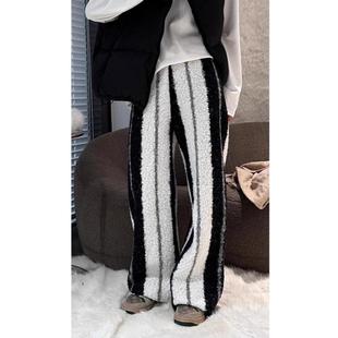 黑白拼色条纹颗粒绒裤子女冬季加绒加厚软糯垂感小个子宽松阔腿裤