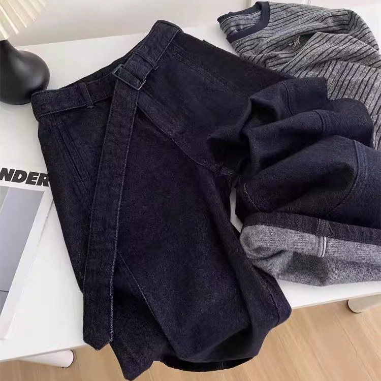 品质货！！时髦姐妹必收~气质带腰带牛仔弯刀裤女遮胯显瘦镰刀裤